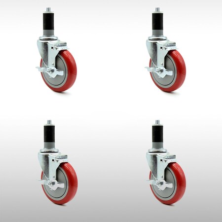 5 Inch SS Red Polyurethane Swivel 1-1/2 Inch Expanding Stem Caster Set Brake